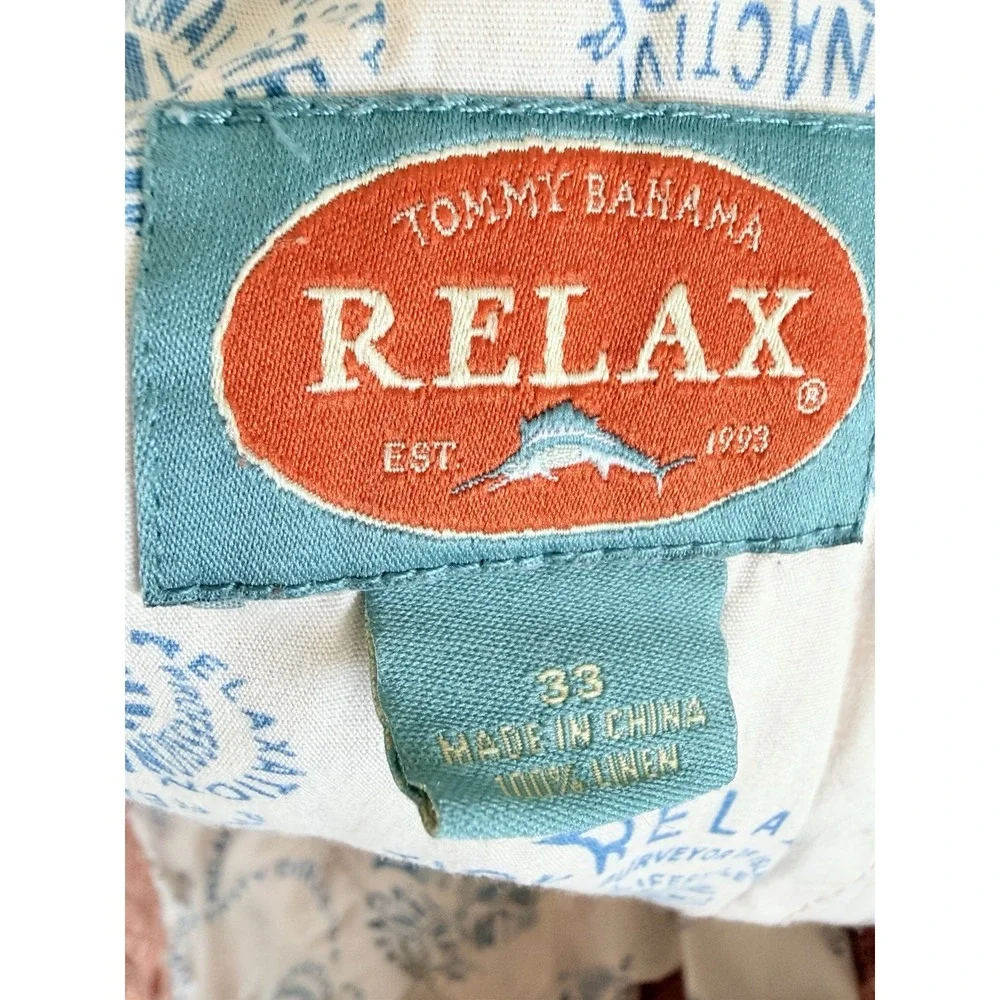 Tommy Bahama Relax 100% Linen Shorts Coral Pink Striped Men's 33 Coastal Preppy